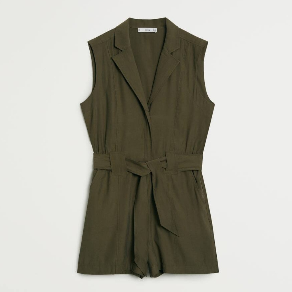 Mango Olive Green Sleeveless Bow Jumpsuit Romper